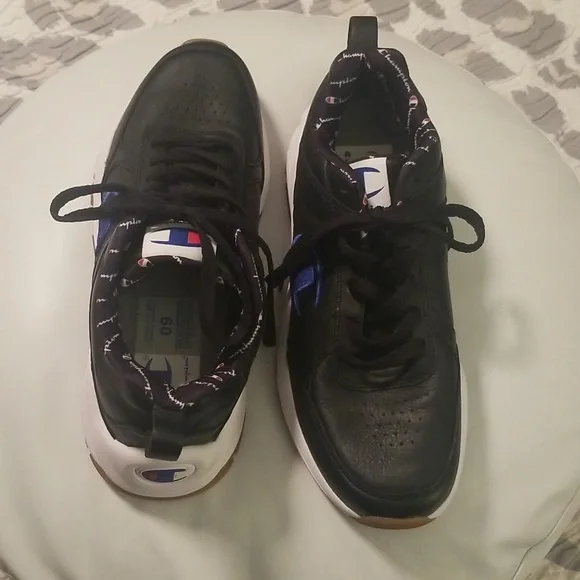 Men's Champion Black Genuine Leather Sneakers with White Rubber Soles; Size 9 - Picture 2 of 10
